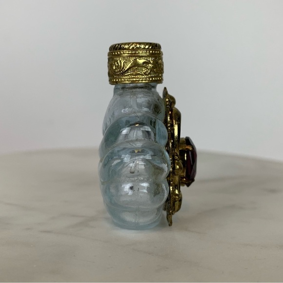 Miniature Glass Perfume Bottle Vintage Ornate Brass Purple Rhinestone Twist Cap - Picture 7 of 13